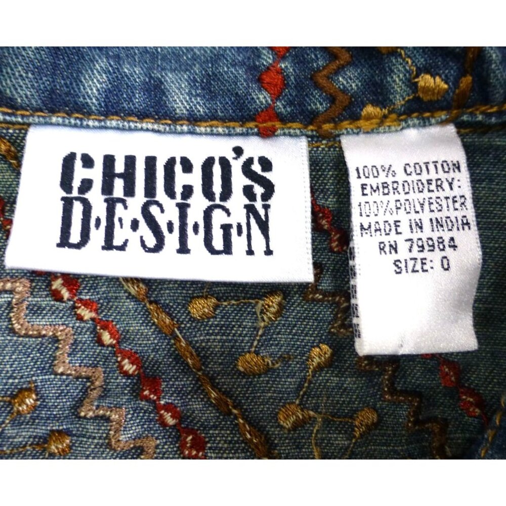 Chicos Design Embellished Denim Jacket Beaded Floral Embroidery Button Front Wom - Picture 3 of 15